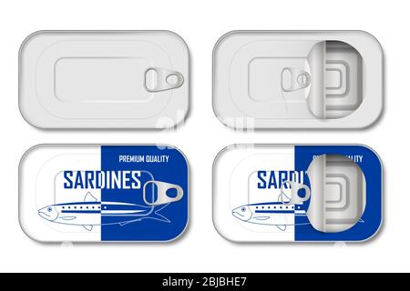 Realistic empty tin can with label and without. Sardine tin can mockup top view isolated. vector illustration template Stock Vector