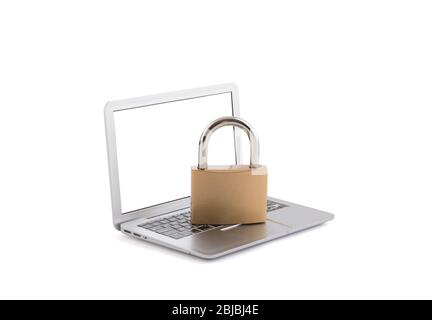 Computer security concept. Padlock on laptop isolated on white with clipping path Stock Photo