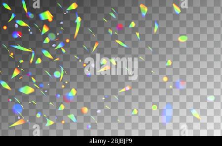 Holographic rainbow confetti isolated on transparent background. Festive multicolored falling glitters realistic vector illustration. Party or Stock Vector