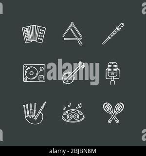 Band musical instruments chalk white icons set on black background Stock Vector