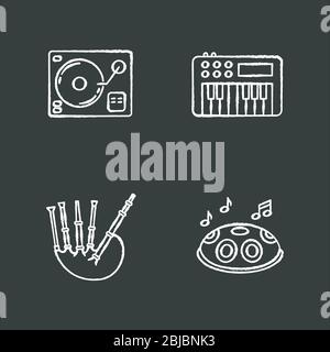 Musical instruments chalk white icons set on black background Stock Vector