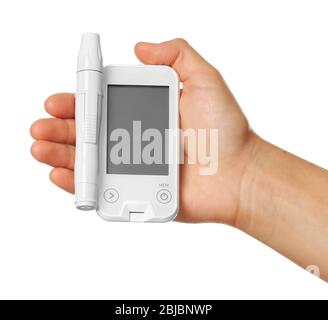 Male hand holding glucometer isolated on white Stock Photo