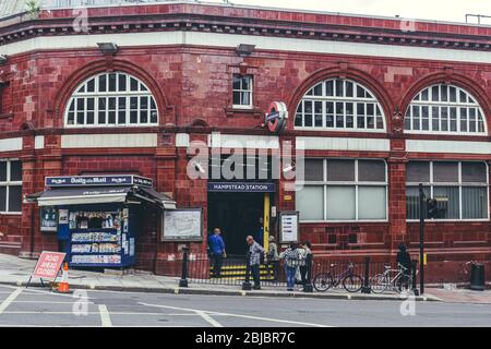 London/UK- 30/07/19: entrance to the Hampstead High Street Underground station in Hampstead, known for its intellectual, liberal, artistic, musical an Stock Photo