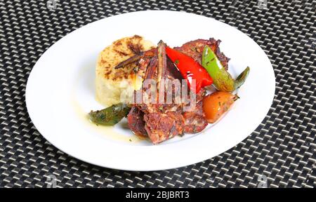 Grilled Lamb Meat with Smashed Potato Stock Photo