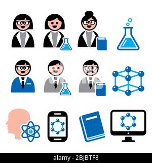 Scientist woman and man, science people vector icons set - education, knowledge concept, people in science, education, study color design set Stock Vector