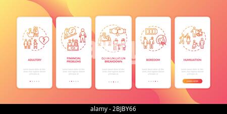 Divorce reasons onboarding mobile app page screen with concepts Stock Vector