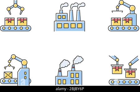 Factory production RGB color icons set Stock Vector