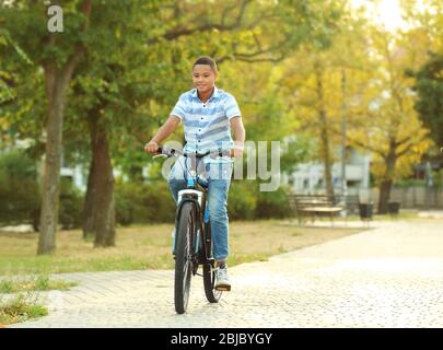 Teenage boy riding bicycle in park Stock Photo