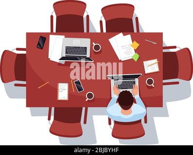 Meeting room with single worker semi flat RGB color vector illustration Stock Vector