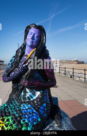 Town of Wallasey, England. Picturesque view of a mermaid sculpture, which is part of the New Brighton Mermaid Trail. Stock Photo