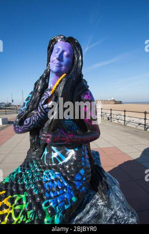 Town of Wallasey, England. Picturesque view of a mermaid sculpture, which is part of the New Brighton Mermaid Trail. Stock Photo