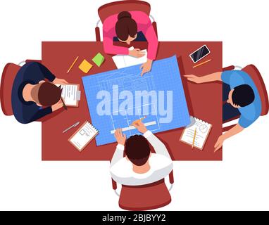Architect team meeting plan semi flat RGB color vector illustration Stock Vector