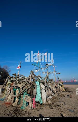 Town of Wallasey, England. Picturesque view of the Black Pearl pirate ship on the shores of New Brighton beach. Stock Photo