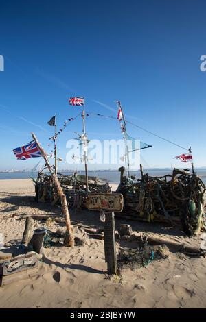 Town of Wallasey, England. Picturesque view of the Black Pearl pirate ship on the shores of New Brighton beach. Stock Photo