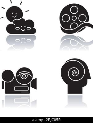 Movies and TV genres drop shadow black glyph icons set. Children cartoons, documentary, arthouse and philosophical films. Modern filmmaking styles Stock Vector