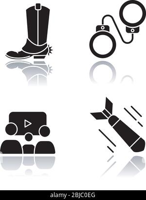 Different film genres drop shadow black glyph icons set. Western movie, family picture, criminal and war drama. Cinema industry, filmmaking business Stock Vector