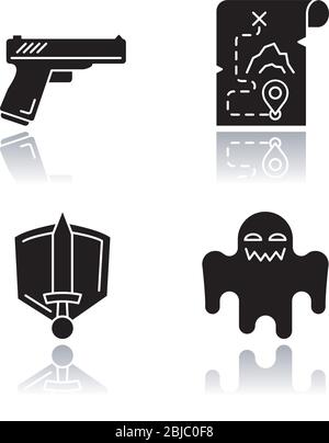 Common movie genres drop shadow black glyph icons set. Action flicks, adventure, history epic and horror films. Popular cinematography categories Stock Vector