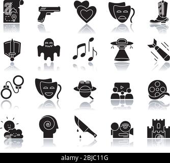 Movie genres drop shadow black glyph icons set. Cinematography, filmmaking industry, cinema business. Different common film and tv show styles Stock Vector
