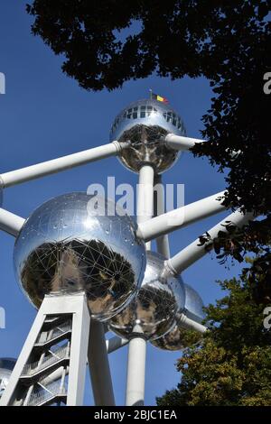 BRUSSELS ATOMIUM BELGIAN FLAG Stock Photo