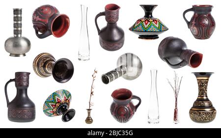 set of various vases and jugs isolated on white background Stock Photo