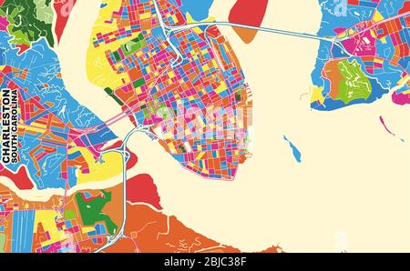 Colorful vector map of Charleston, South Carolina, USA. Art Map template for selfprinting wall art in landscape format. Stock Vector