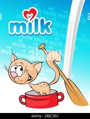 milk design with funny cat goes on a pot - vector illustration Stock Vector