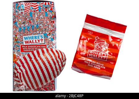 M&S Where's Wally milk chocolate Easter egg removed from box with pack of Where's Wally foiled solid milk chocolate mini eggs on white background Stock Photo