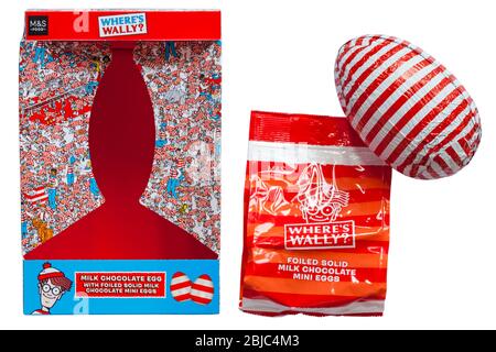 M&S Where's Wally milk chocolate Easter egg removed from box with pack of Where's Wally foiled solid milk chocolate mini eggs on white background Stock Photo