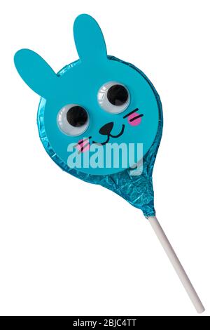 M&S Easter  Bunny Rabbit foiled solid milk chocolate lollipop isolated on white background - ready for Easter Stock Photo