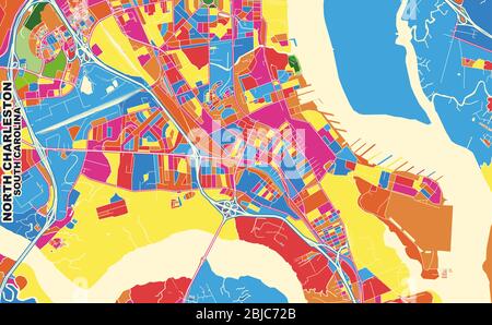 Colorful vector map of North Charleston, South Carolina, USA. Art Map template for selfprinting wall art in landscape format. Stock Vector