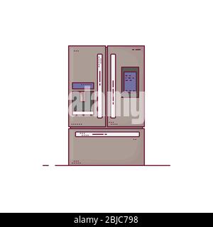 Kitchen modern refrigerator with three chambers. Modern technology fridge with display and ice. Big doors and lines. Outline vector image. House kitch Stock Vector
