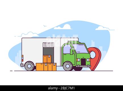 City delivery truck on city road. Urban background, skyscrapers and buildings. Delivery concept with city background. Modern line vector illustration. Stock Vector