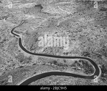 Route 66 winding through the Black Mountains of Arizona, descending from Oatman toward Kingman. Stock Photo