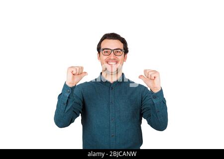 Portrait of contented and successful businessman, shows both thumbs to him gesture, pointing himself, isolated on white background. Cheerful business Stock Photo