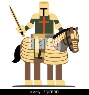 Light colored knight in helmet & armor  on a horse with mail protection, with sword Stock Vector