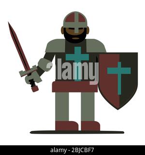 Dark colored knight with crest on his chest helmet & armor with sword and shield Stock Vector