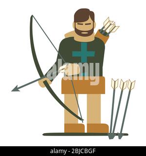 Dark colored archer with a cross on his chest head mail  bow and arrows ready. Stock Vector