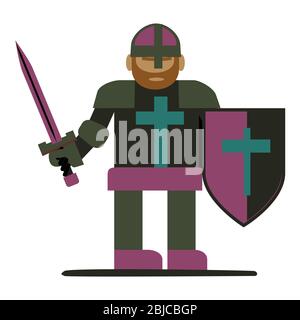 Dark colored knight with crest on his chest helmet & armor with sword and shield Stock Vector