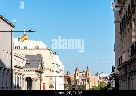 Madrid, Spain - April 14, 2019: Scenic view of the Congress of Deputies of Spain and Church of Jeronimos a sunny day at evening. Stock Photo