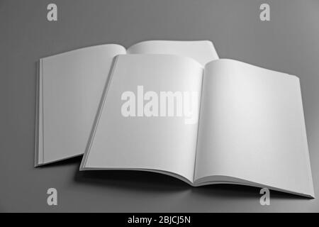 Blank open brochures on grey background Stock Photo