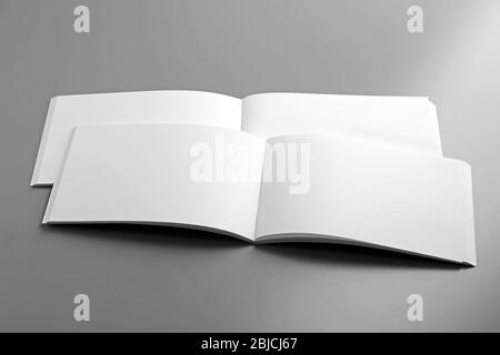 Blank open brochures on grey background Stock Photo