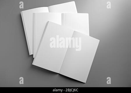 Blank open brochures on grey background Stock Photo