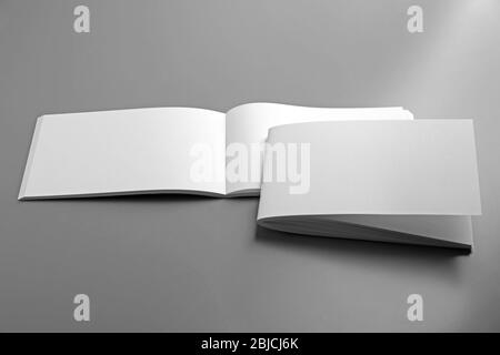 Blank brochures on grey background Stock Photo