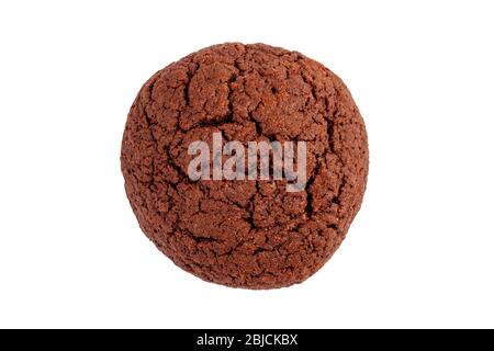 Simple single homemade brown fresh round dark chocolate cookie chip, object isolated on white, cut out, cracks. Top view, seen from above Stock Photo