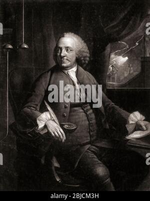 Benjamin Franklin, 1706 - 1790.  American author, politician, printer, scientist, philosopher, publisher, inventor and civic activist and diplomat.  He was one of the Founding Fathers.  From an engraving by Edward Fisher after a painting by Mason Chamberlin. Stock Photo