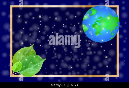 Gold frame with earth globe, stars and leaves on dark background. World earth day. World environment day. Green eco earth, friendly ecology. Vector Stock Vector