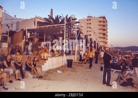 Sunset celebrations outside Cafe Mambo in San Antonio Ibiza Balearic Islands Spain Stock Photo