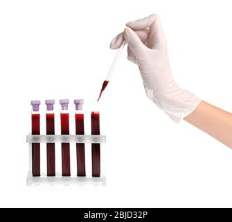 Laboratory assistant working with samples of blood in test tubes Stock Photo