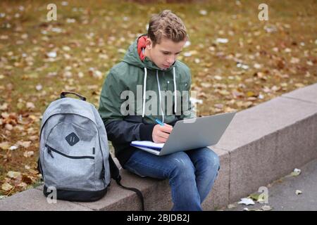 Teenager sitting on parapet with laptop and notepad in autumn day Stock Photo