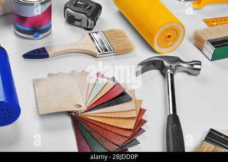 Set of professional decorator equipment on white background Stock Photo